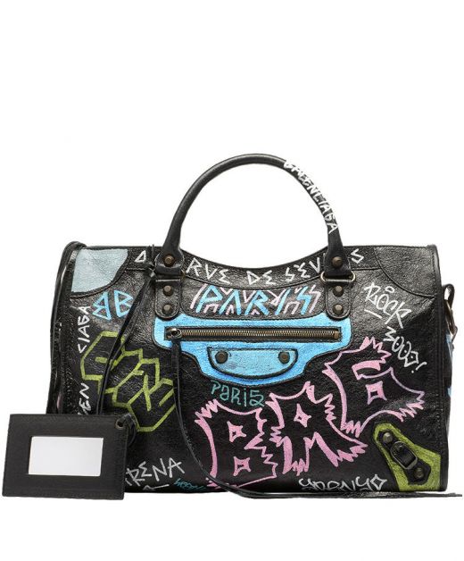 Replica Balenciaga Classic City Black Leather Colorful Graffiti Top Handle Fringed Zipper Design Ladies Handbag