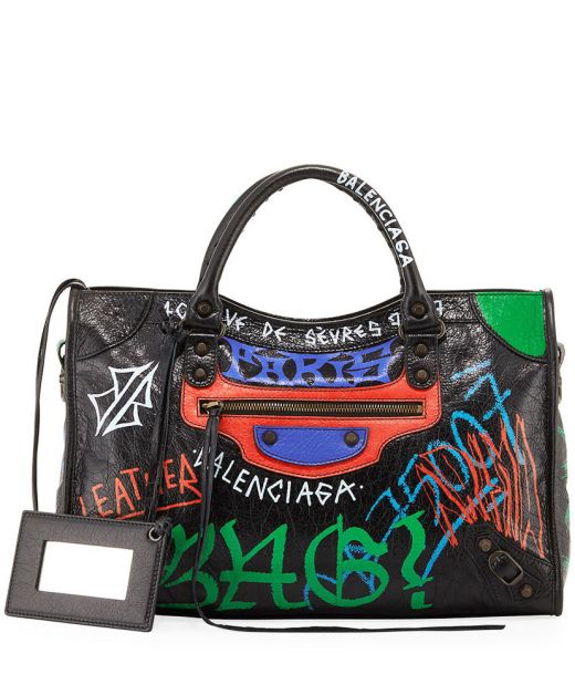 Top Quality Black Lambskin Green Tone Graffiti Tassel Zip Closure Double Handle—Imitated Balenciaga Bag For Ladies