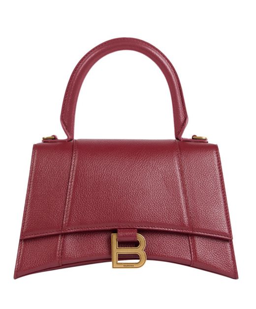 Replica Balenciaga Hourglass Women'S Red Grain Leather Top Handle Gold B Logo Magnetic Flap Shoulder Bag