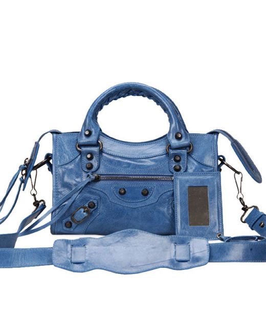 Replica Balenciaga First Ladies Blue Leather Tassel Zip Closure Stitched Round Handles Black Rivet Accessories Delicate Tote Bag