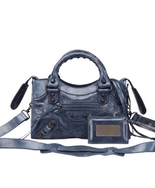 Hot Selling Grey-Blue Cowhide Black Stud Top Handle Zip Closure Fringe First—Imitated Balenciaga Crossbody Bag For Ladies