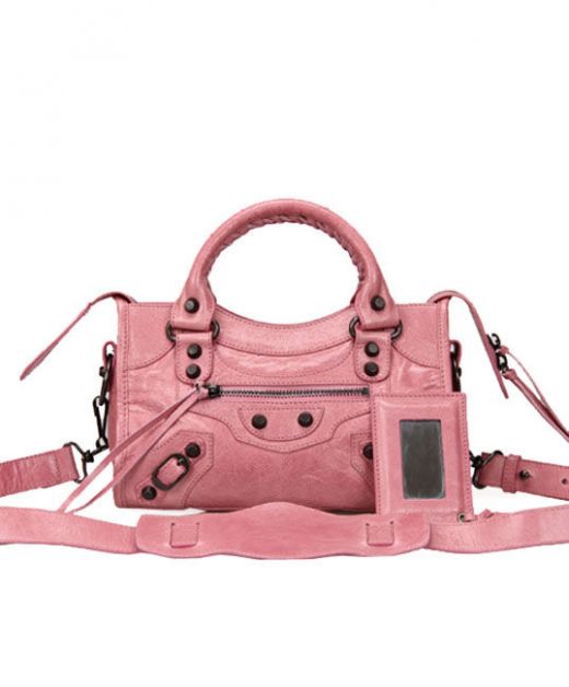 Faux Balenciaga First Pink Leather Top Handle Fringed Zip Closure Dark Grey Studded Trim Adjustable Strap Ladies Bag