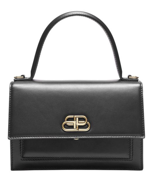 Discounted Black Leather Flap Push Lock Top Handle BB Interlocking Logo Sharp—Replica Balenciaga Women'S Shoulder Bag