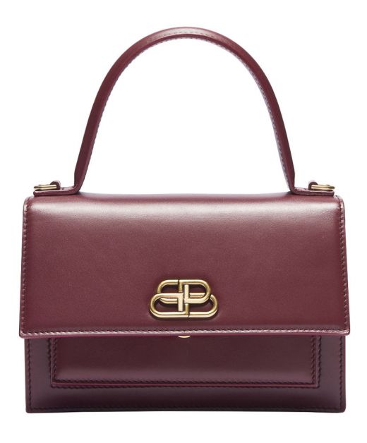 Top Quality Burgundy Leather Gold Double B Logo Flap Push Lock Design Single Handle Sharp—Clone Balenciaga Bag For Ladies