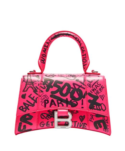 Chic Pink Leather Black Graffiti Top Handle Magnetic Flap B Logo Hourglass XS—Imitated Balenciaga Smart Women'S Tote Bag