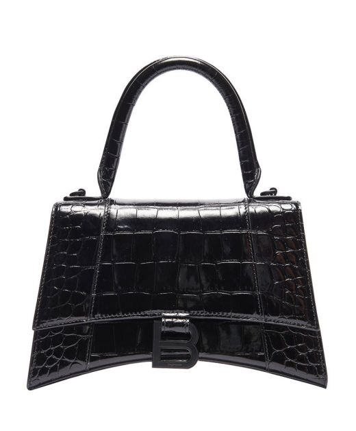Hot Selling Black Glossy Croc-Embossed Leather Magnetic Flap Closure Hourglass—Replica Balenciaga Ladies Top Handle Bag