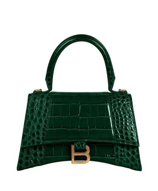 Fake Balenciaga Hourglas Women Emerald Leather Croco Embossed Gold B Logo Magnetic Flap Top Handle Gorgeous Tote Bag