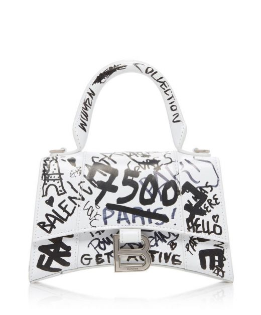 Top Quality White Leather Black Graffiti Silver B Magnetic Buckle Curved Base Hourglass—Replica Balenciaga Women'S Handbag