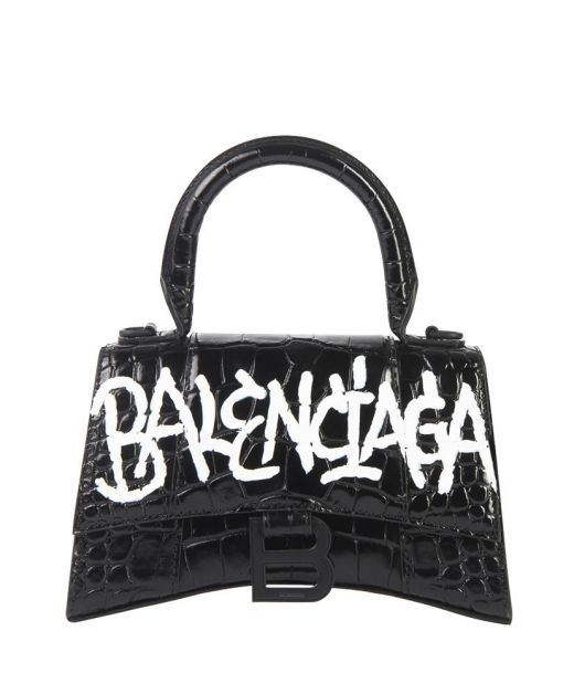 Best Website Black Croc Embossed Leather White Signature Top Handle B Logo Flap Hourglass—Clone Balenciaga Simple Tote