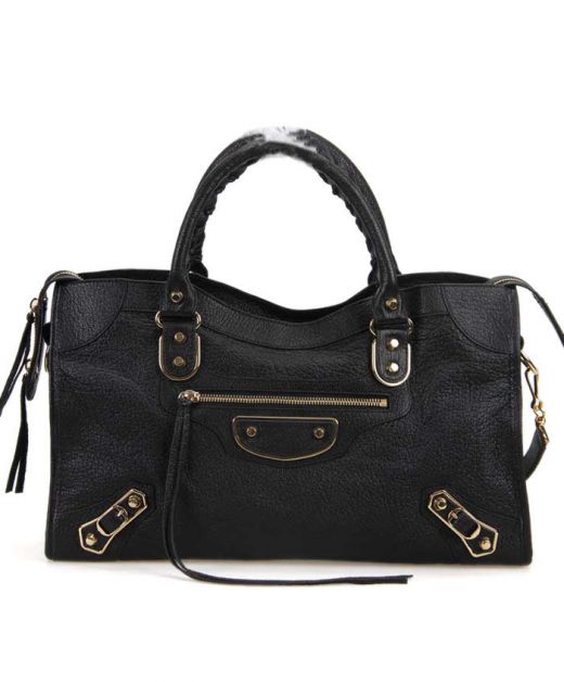Faux Balenciaga Classic City Women'S Pale Gold Metal Edge Studded Black Leather Tassel Trim Zip Design Shoulder Bag