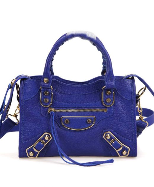 Top Quality Blue Leather Gold Edge Metal Zip Closure Top Stitched Handle Classic City—Replica Balenciaga Women'S Tote