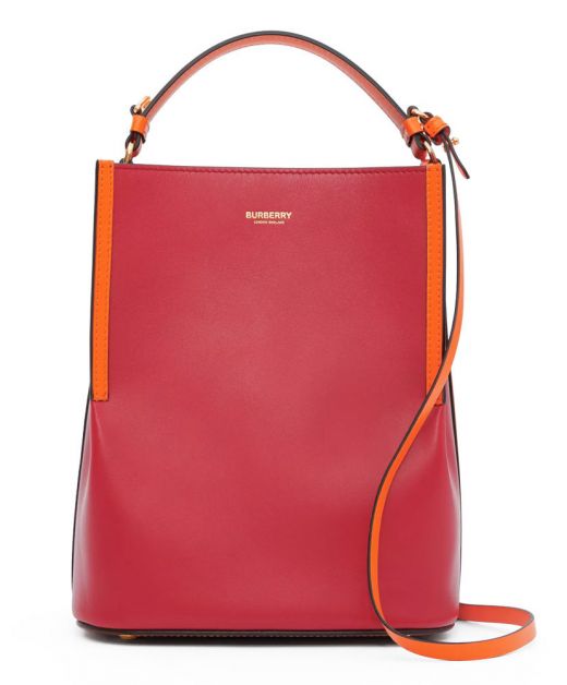 Imitation Burberry Bright Coral Leather Orange Detail Open top Hand-painted Edges Two-tone Peggy Bucket Bag For Women