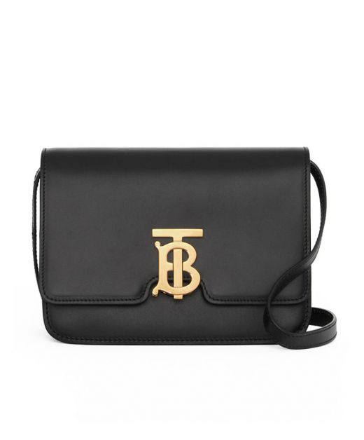 High Quality Replica Burberry Gold TB Hardware Black Leather Foldover Top Clasp Closure Small Crossbody Bag For Ladies
