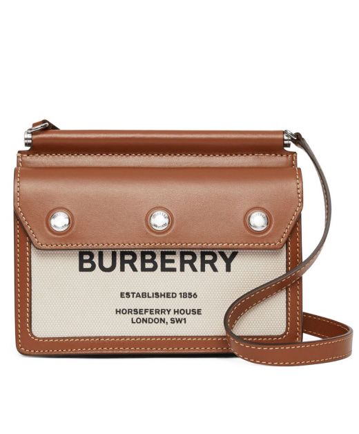 Horseferry Cream Canvas & Coffee Leather Shiny Silver Button Detail - Big Discount Imitated Burberry Mini Title Bag For Girls
