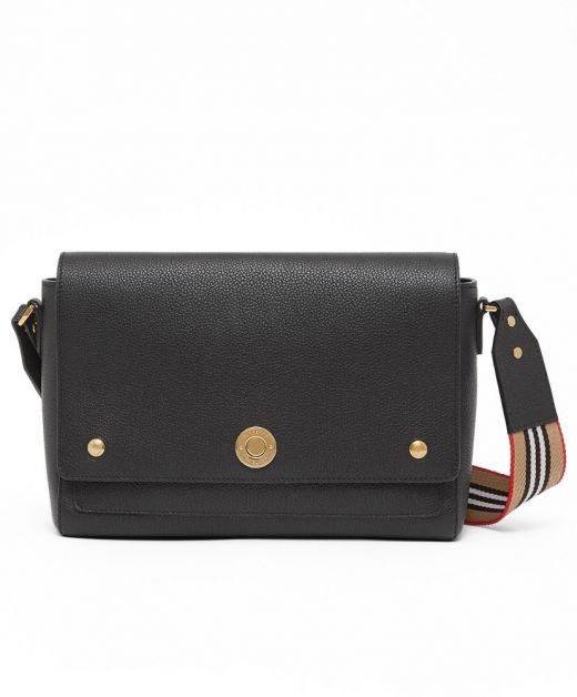 Popular Replica Burberry Detachable Iconic Webbed Shoulder Strap Gold Studs Detail Black Grainy Leather Note Crossbody Bag