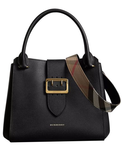 Black Grained Leather Belt Closure Top Handles House Check Shoulder Strap - Imitated Burberry Medium Buckle Tote For Women