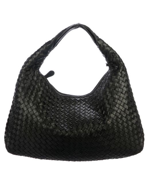 Classic Black Intreccio Leather Zip Closure Round Leather Handle—Imitated Bottega Veneta Classic Ladies Hobo Bag