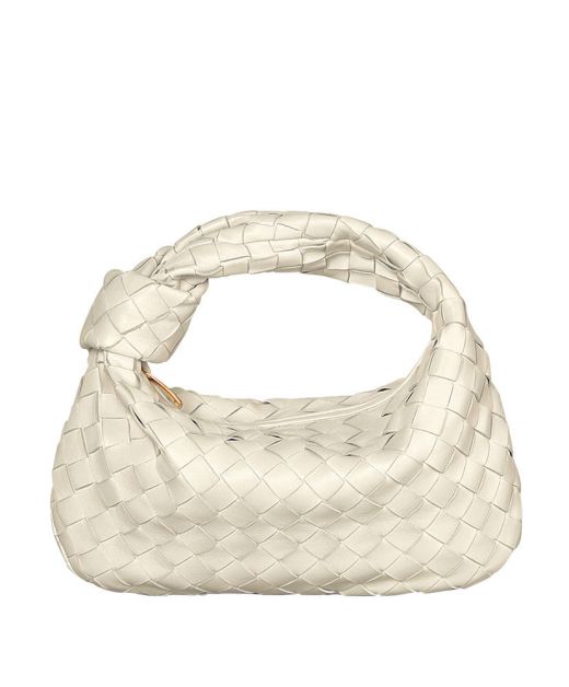 Replica Bottega Veneta Jodie Ladies White Intrecciato Leather Top Knot Detail Pleated Handle Gold Zip Closure Shoulder Bag