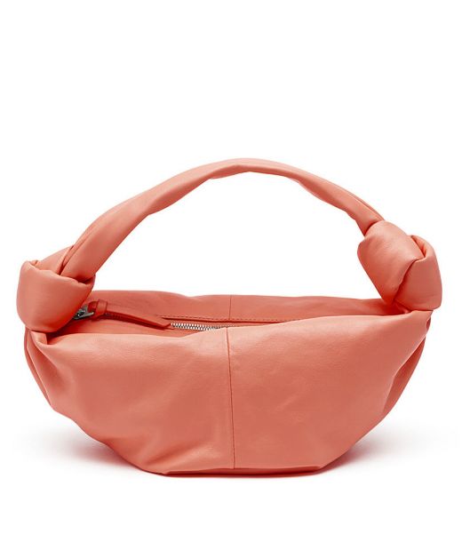 Imitated Bottega Veneta Double Knot Design Top Handle Bright Coral Calfskin Silver Zip Closure Ladies Shoulder Bag