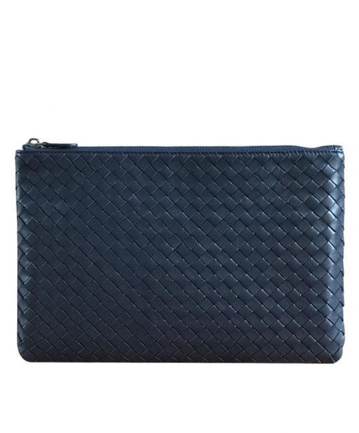 Faux Bottega Veneta Men'S  Sapphire Blue Intrecciato Leather Top  Bronze Zipper Rectangle Pouch Briefcase 