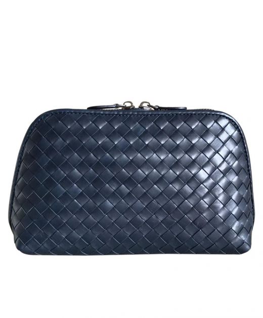 Best Discount Blue Intrecciato Leather Top Double Zip Closure Pouch—Replica Bottega Veneta Cosmetic Bag For Women