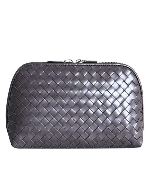 Replica Bottega Veneta Pouch Women'S Grey Intrecciato Textured Leather Top Zip Closure Large Capacity Cosmetic Bag