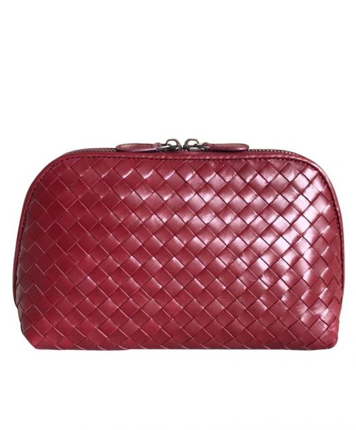 High End Red Intrecciato Leather Top Zip Closure Pouch—Replica Bottega Veneta Vanity Bag For Women