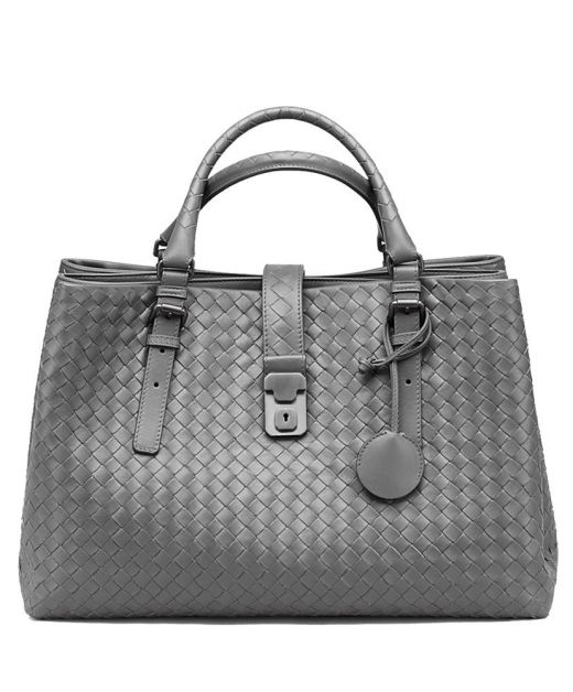 Copy Bottega Veneta Grey Intreccio Look Top Handle Bronze Hardware Push Lock Ladies Daily Use Medium Roman Bag