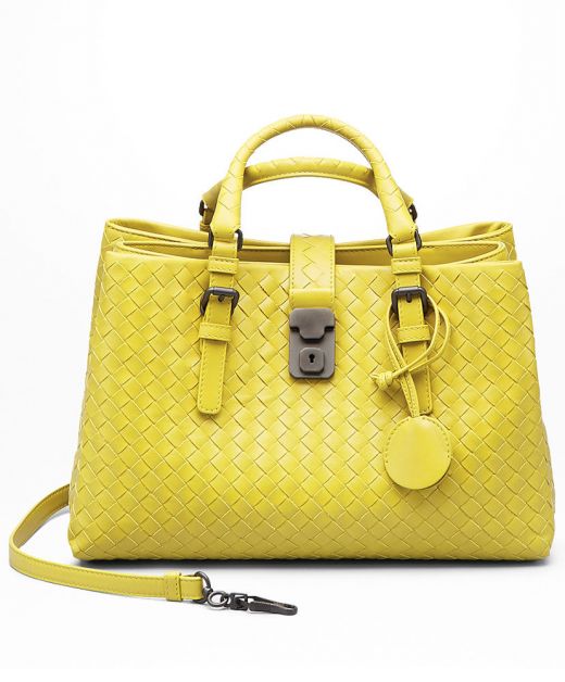Faux Bottega Veneta Ladies Lemon Yellow Intreccio Leather Top Handle Grey Hardware Roman Tote Bag