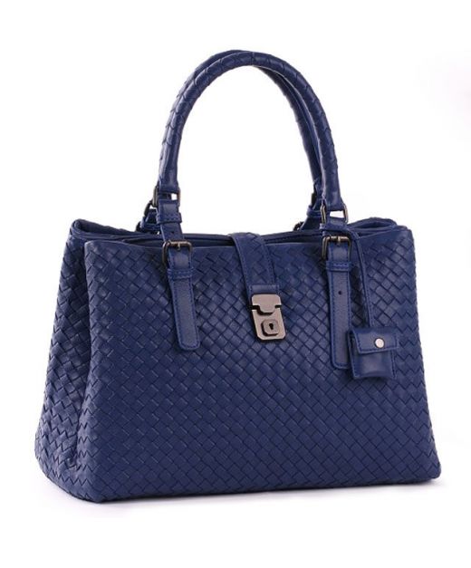 Cheapest Blue Intreccio Leather Top Handle Flap Band Snap Roma—Replica Bottega Veneta Elegant Ladies City Bag