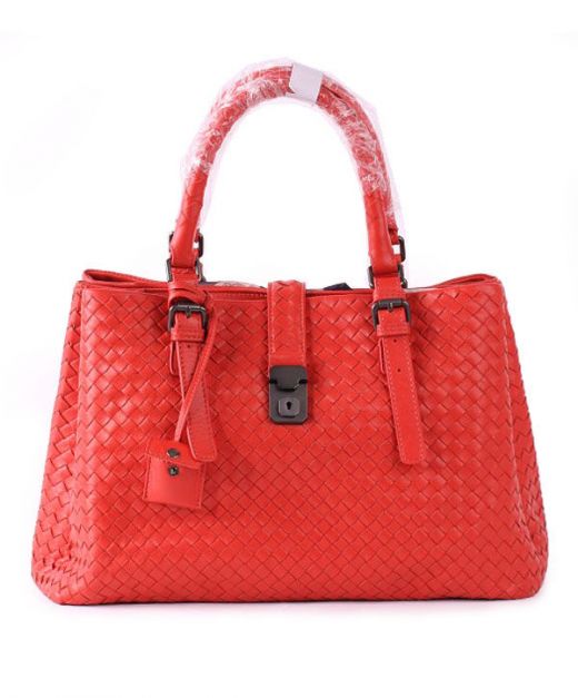 Classic Imitated Bottega Veneta Roma Red Intreccio Lambskin Grey Hardware Flap Snap Round Handle Ladies Handbag