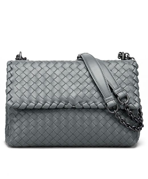 Dark Grey Leather Intreccio Craft Black Hardware Flap Magnetic Olimpia—Clone Bottega Veneta Shoulder Bag For Women