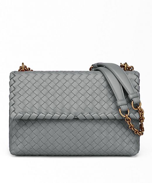 Cheapest Grey Leather Intreccio Flap Magnetic Closure Gold Chain Olimpia—Replica Bottega Veneta Bag For Women