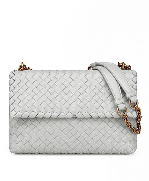 Faux Bottega Veneta Ladies White Intreccio Braided Leather Vintage Gold Hardware Flap Design Classic Crossbody Bag
