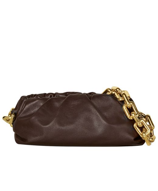 Best Site Dark Brown Calfskin Crinkled Look Snap Design Chain Pouch—Replica Bottega Veneta Fashion Bag For Ladies