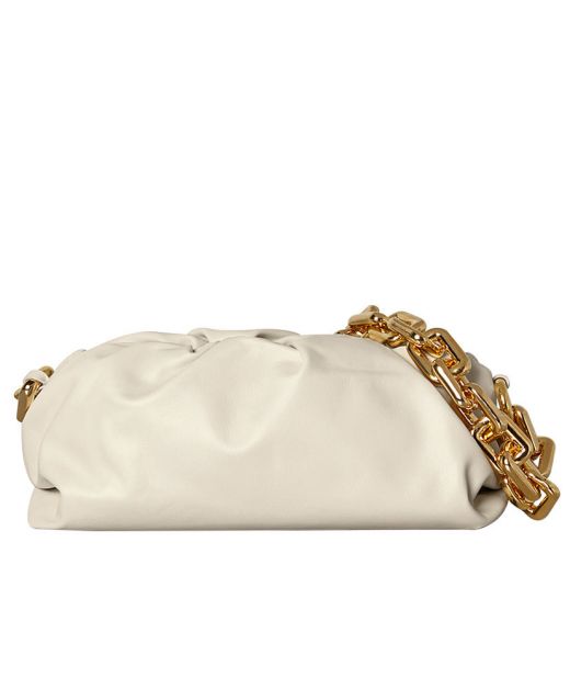 Best Quality White Calfskin Ruched Detail Top Oversized Gold Chain Pouch—Clone Bottega Veneta Shoulder Bag For Female