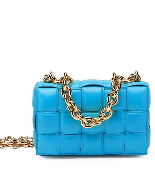 Online Bright Blue Intrecciato Gold Chain Flap Magnetic Closure Padded Cassette—Replica Bottega Veneta Shoulder Bag 
