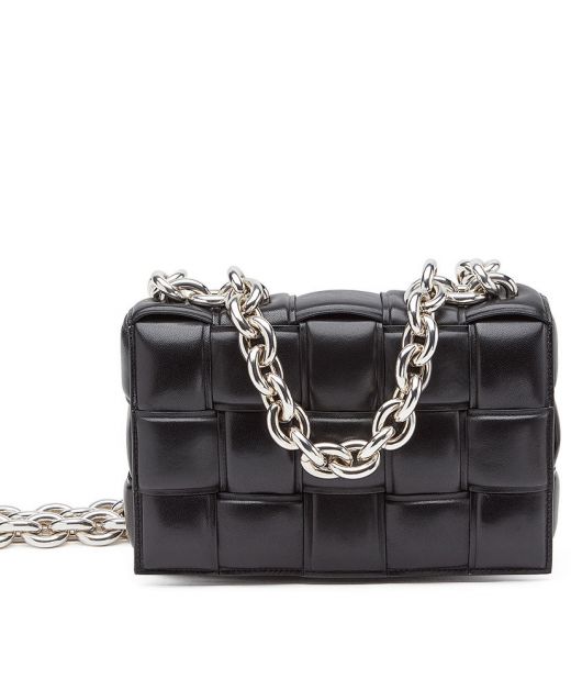 Faux Bottega Veneta Padded Cassette Black Intrecciato Leather Flap Design Silver Chain Bag For Women
