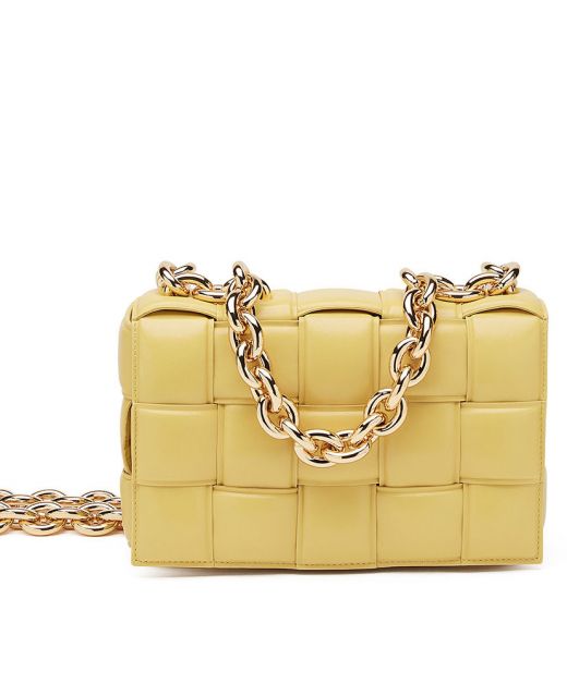 Top Quality Yellow Intrecciato Leather Rectangular Flap Top Gold Chain Padded Cassette—Fake Bottega Veneta Female Bag