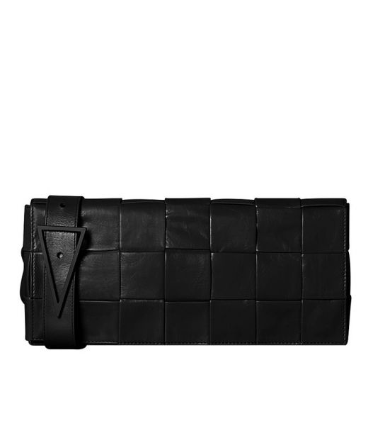 High End Black Intrecciato Leather Magnetic Closure Triangle Buckle Strap Cassette—Replica Bottega Veneta Bag For Women