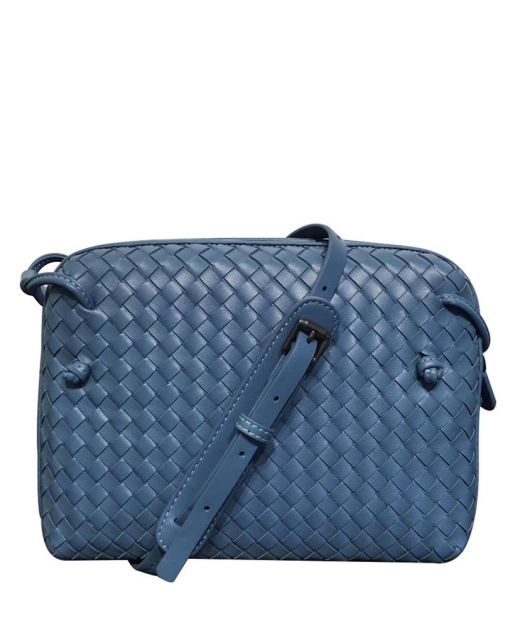 Clone Bottega Veneta Nordini Blue Intrecciato Leather Zip Closure V Knot Strap Design Simple Crossbody Bag For Women