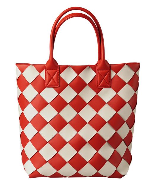 Coral Red Beige Leather Intreccio Textured Top Handle Open Design Maxi Cabat 30—Fake Bottega Veneta Ladies Tote Bag