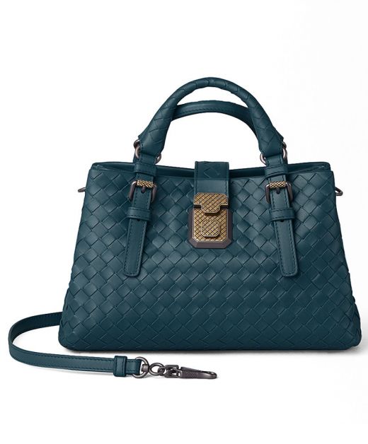 Dark Blue Leather Look Intrecciato Textured Smoke Grey Hardware Gold Lock—Replica Bottega Veneta Women'S Mini Roma Bag
