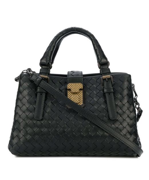 Replica Bottega Veneta Black Braided Textured Leather Gold Push Lock Women'S Classic Mini Roma Tote Bag