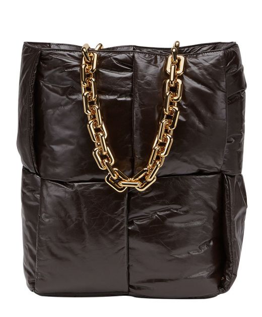 Replica Bottega Veneta Cassette Ladies Black Intrecciato Fluffy Calfskin Look Open Gold Chain Tote Bag