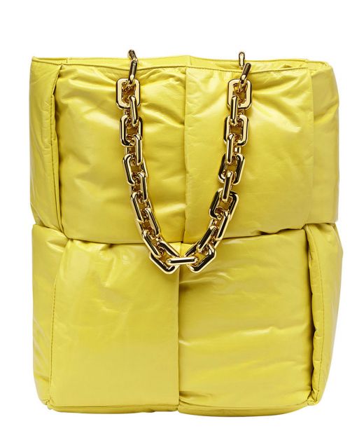 New Yellow Intrecciato Leather Puff Design Open Detail Gold Chain Cassette—Fake Bottega Veneta Women'S Tote Bag