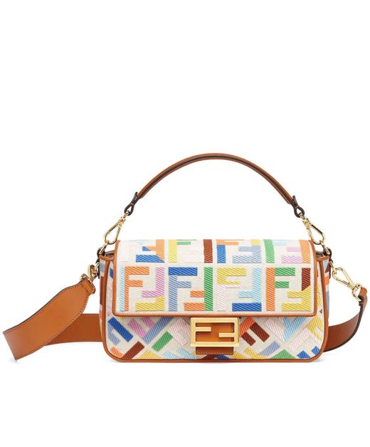 For Sale Beige Canvas Colorful FF Embroidered Brown Leather Trim Magnetic Flap Baguette—Replica Fendi Women's Bag