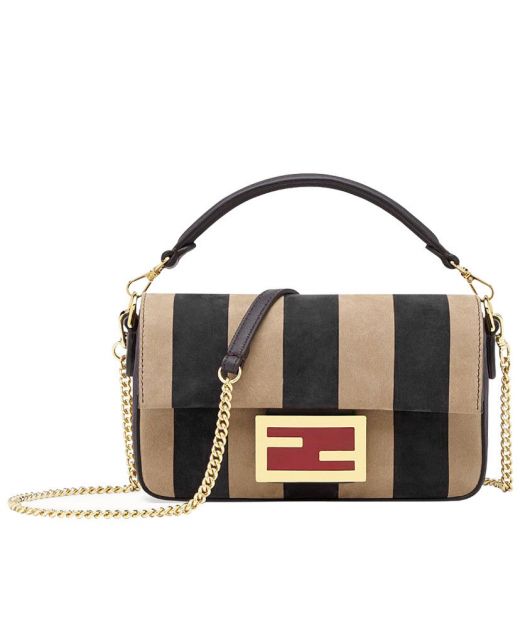 Mini Suede Grey Tone Stripe Pattern Flap Design Red Detail FF Gold Magnetic Buckle Baguette—Replica Fendi Chain Bag