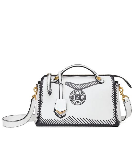Low Price White Leather Black Stamp Top Zip Double Handle Pendant By The Way—Fake Fendi Boston Bag For Ladies