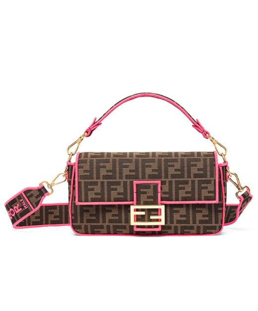 Top Pink Embroidered Outline Brown FF Pattern Fabric Flap Gold Magnetic Buckle Baguette—Fake Fendi Women'S Bag